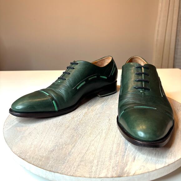 John Fluevog Green Leather Cap Toe Oxford Dress Shoes Men\'s Unique Stitch 10.5 main image 11